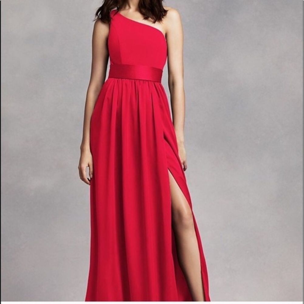 White by Vera Wang Valentina Red One Shoulder Belted Maxi Dress Leg Slit Size 4